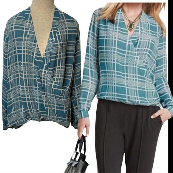 CAbi Windowpane Faux Wrap Blouse Top Style 3068 Teal Womens Size Medium - Picture 1 of 8